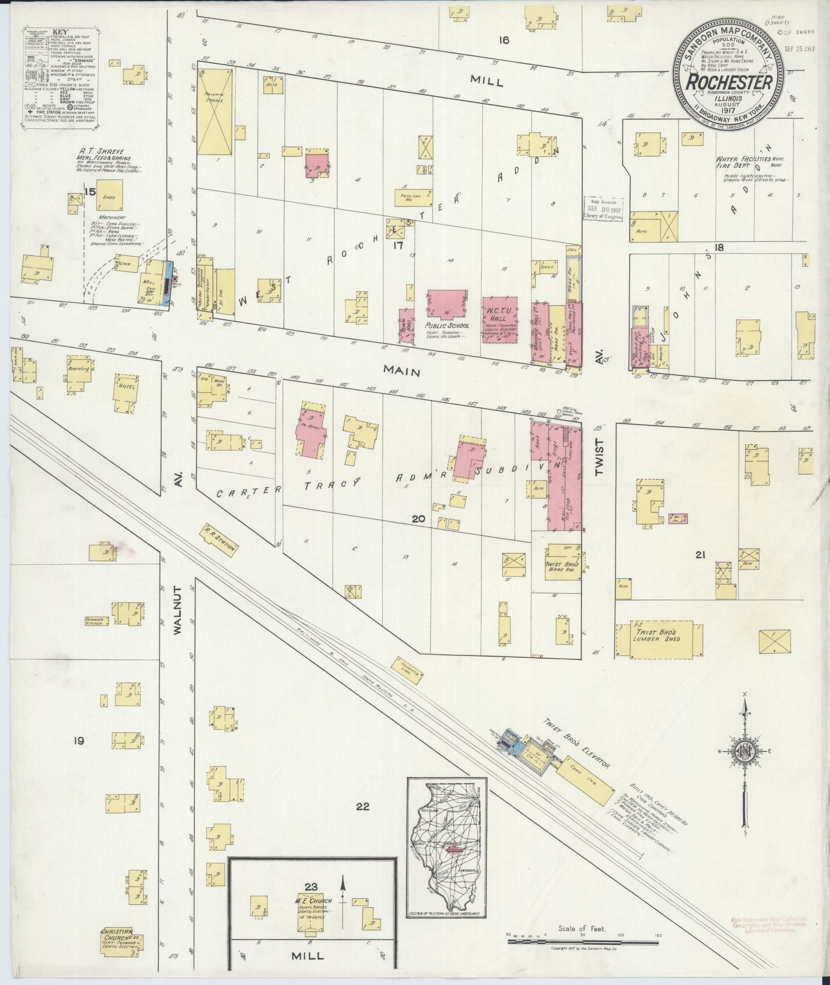 Sanborn Fire Insurance Map from Rochester, Sangamon County, Illinois (1917), Sheet #0001 - Historic Sanborn Fire Insurance Map Print, vintage old map wall art, antique decor, genealogy gift, Illinois Illinois map