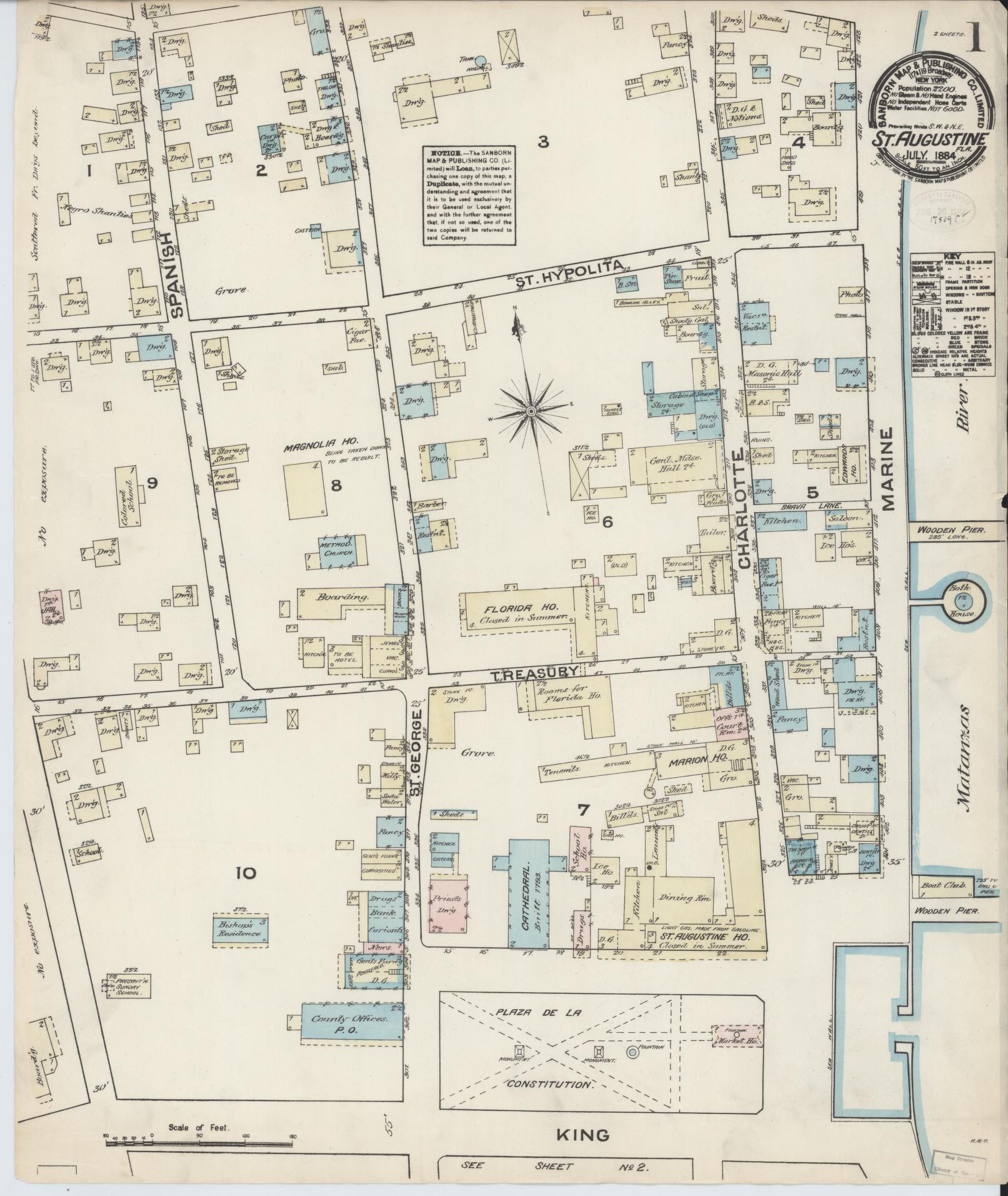 Sanborn Fire Insurance Map from Saint Augustine, Saint John's County, Florida (1884), Sheet #0001 - Complete Map Set gallery image, historic Sanborn map, vintage wall art, Florida Florida