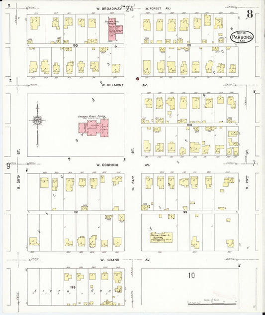 Sanborn Fire Insurance Map from Parsons, Labette County, Kansas (1911), Sheet #0008 - Historic Sanborn Fire Insurance Map Print, vintage old map wall art, antique decor, genealogy gift, Kansas Kansas map