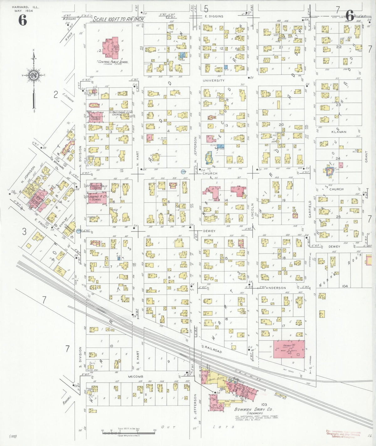 Sanborn Fire Insurance Map from Harvard, McHenry County, Illinois (1934), Sheet #0006 - Historic Sanborn Fire Insurance Map Print, vintage old map wall art, antique decor, genealogy gift, Illinois Illinois map