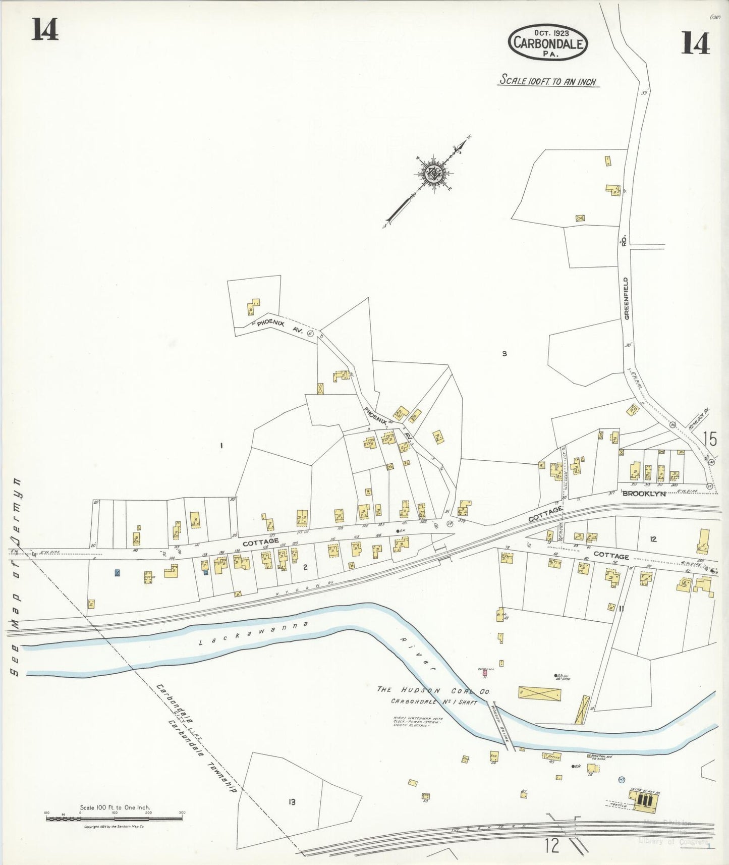 Sanborn Fire Insurance Map from Carbondale, Lackawanna County, Pennsylvania (1923), Sheet #0014 - Historic Sanborn Fire Insurance Map Print, vintage old map wall art, antique decor, genealogy gift, Pennsylvania Pennsylvania map