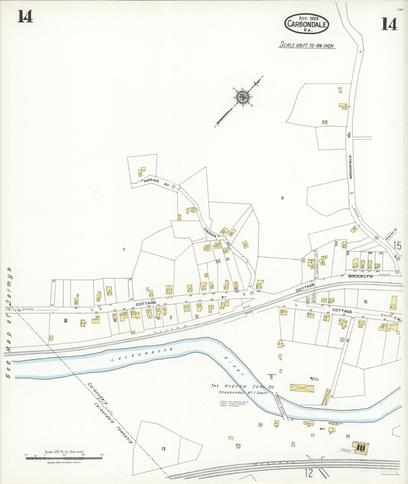 Sanborn Fire Insurance Map from Carbondale, Lackawanna County, Pennsylvania (1923), Sheet #0014 - Historic Sanborn Fire Insurance Map Print, vintage old map wall art, antique decor, genealogy gift, Pennsylvania Pennsylvania map