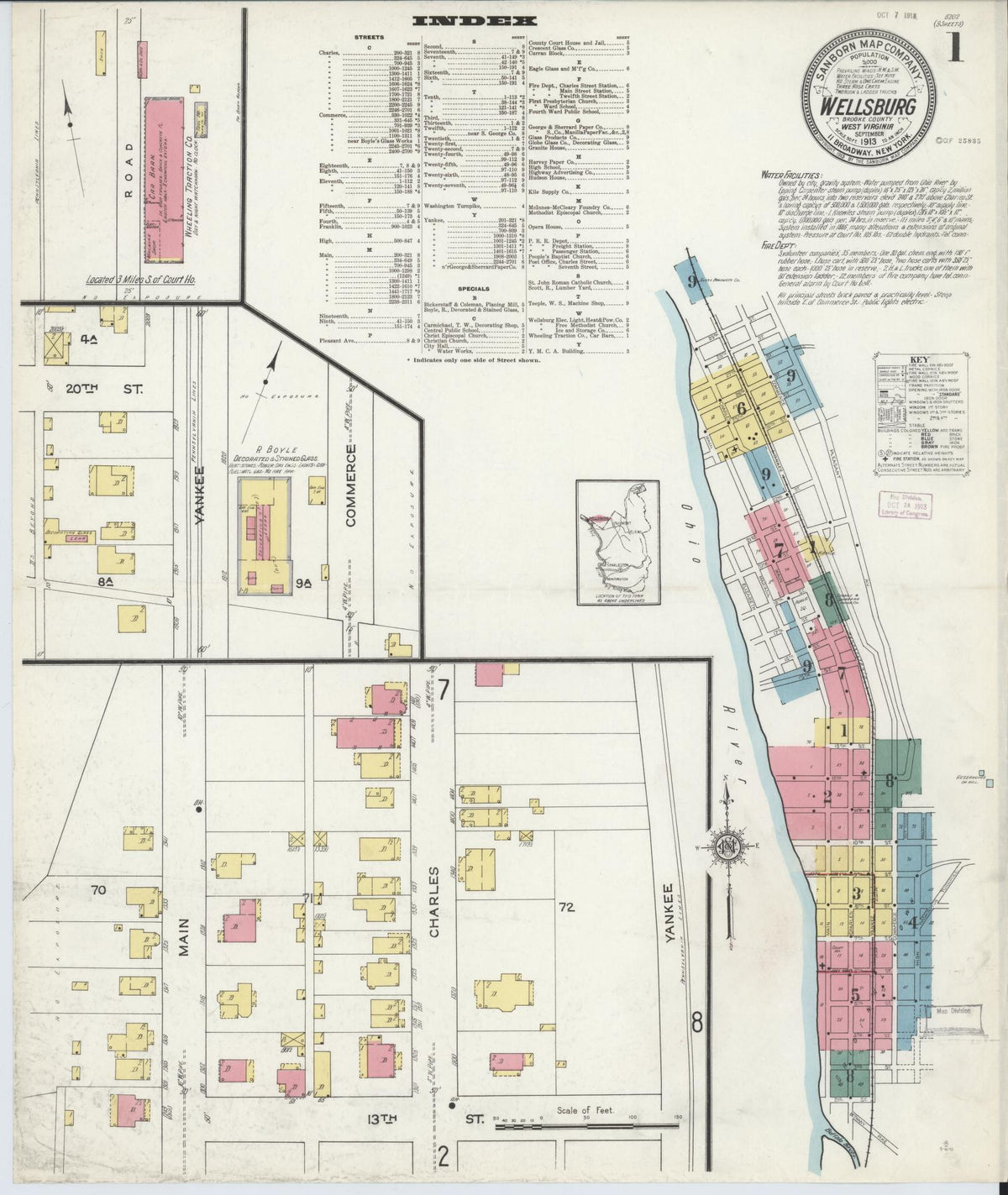 Sanborn Fire Insurance Map from Wellsburg, Brooke County, West Virginia (1913), Sheet #0001 - Historic Sanborn Fire Insurance Map Print, vintage old map wall art, antique decor, genealogy gift, West Virginia West Virginia map