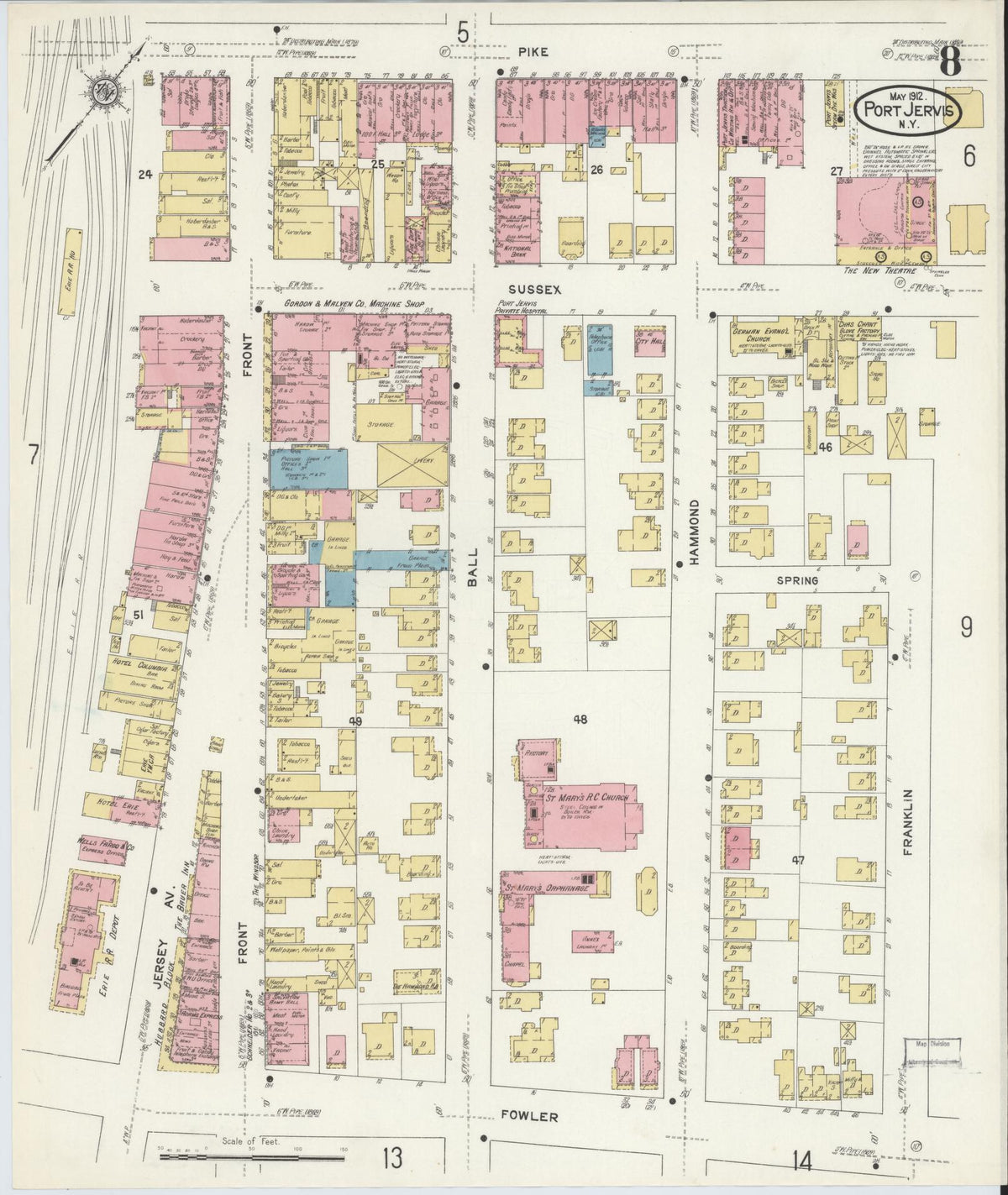 Sanborn Fire Insurance Map from Port Jervis, Orange County, New York (1912), Sheet #0008 - Complete Map Set gallery image, historic Sanborn map, vintage wall art, New York New York