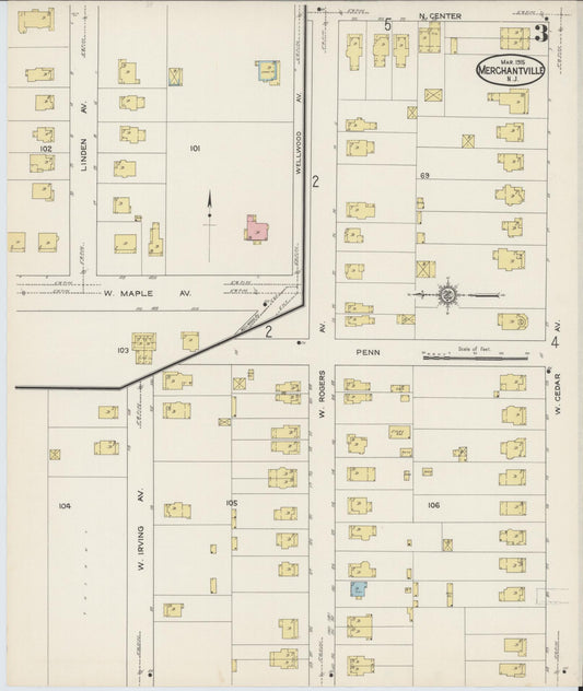 Sanborn Fire Insurance Map from Merchantville, Camden County, New Jersey (1915), Sheet #0003 - Historic Sanborn Fire Insurance Map Print, vintage old map wall art, antique decor, genealogy gift, New Jersey New Jersey map