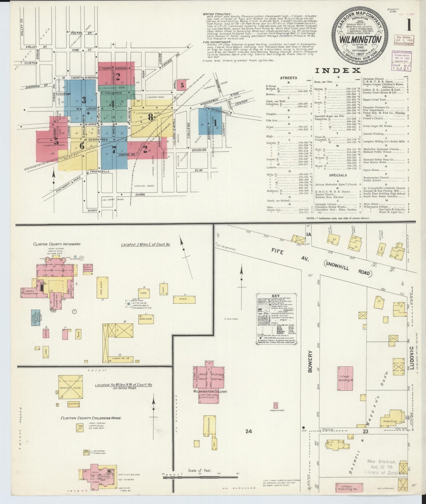 Sanborn Fire Insurance Map from Wilmington, Clinton County, Ohio (1907), Sheet #0001 - Historic Sanborn Fire Insurance Map Print, vintage old map wall art, antique decor, genealogy gift, Ohio Ohio map