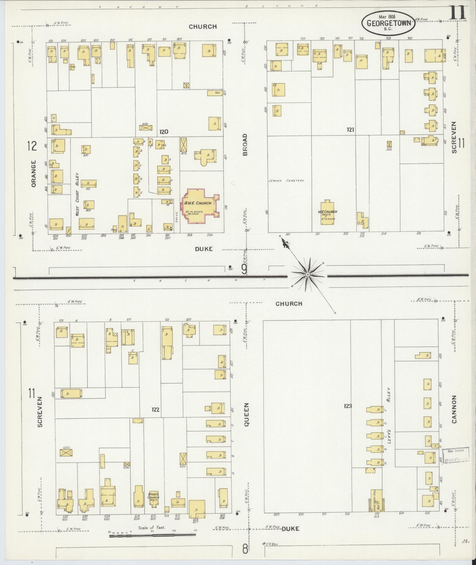 Sanborn Fire Insurance Map from Georgetown, Georgetown County, South Carolina (1908), Sheet #0011 - Historic Sanborn Fire Insurance Map Print, vintage old map wall art, antique decor, genealogy gift, South Carolina South Carolina map
