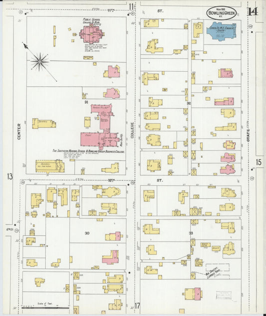Sanborn Fire Insurance Map from Bowling Green, Warren County, Kentucky (1901), Sheet #0014 - Historic Sanborn Fire Insurance Map Print, vintage old map wall art, antique decor, genealogy gift, Kentucky Kentucky map