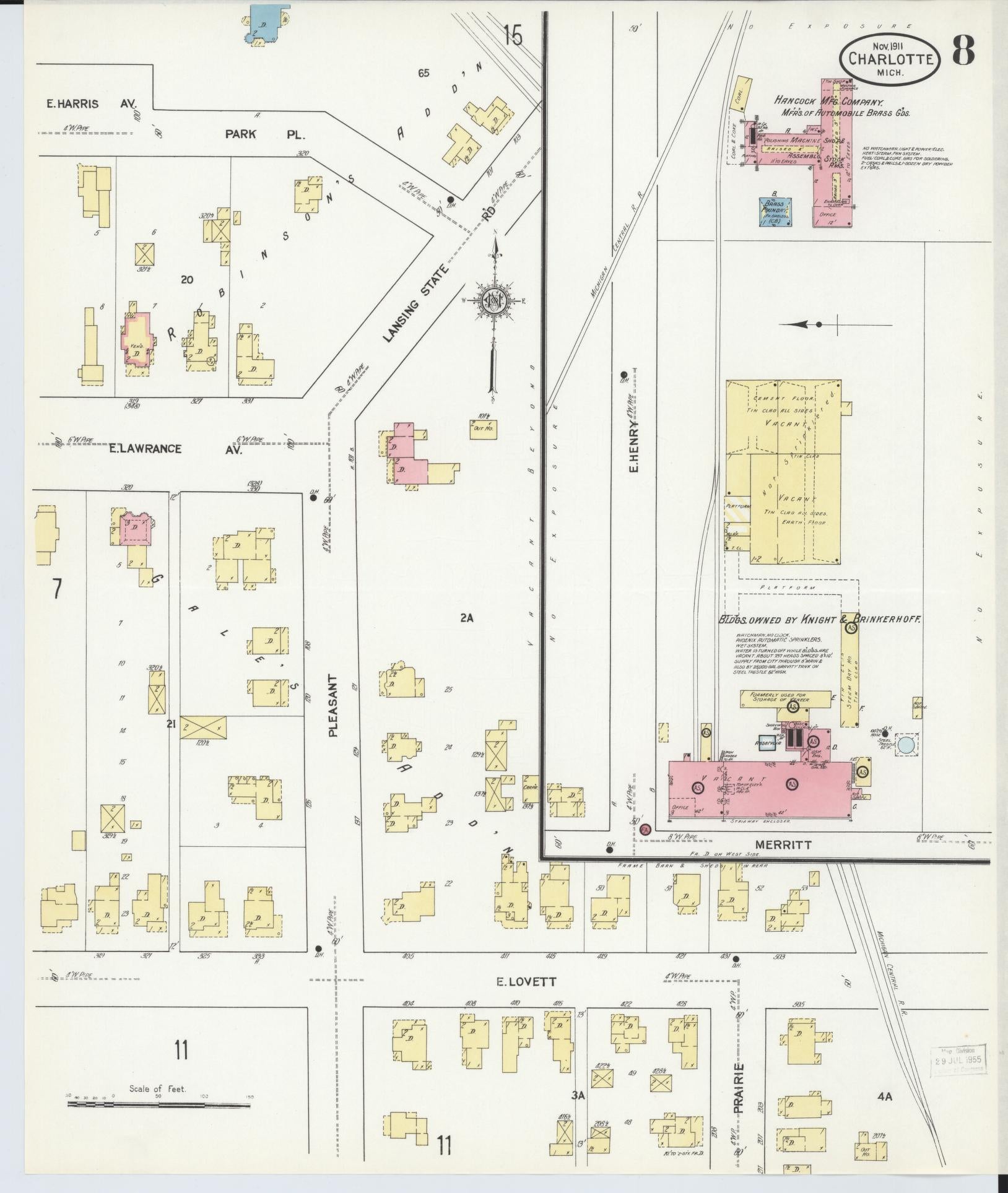 Sanborn Fire Insurance Map from Charlotte, Eaton County, Michigan (1911), Sheet #0008 - Historic Sanborn Fire Insurance Map Print, vintage old map wall art, antique decor, genealogy gift, Michigan Michigan map