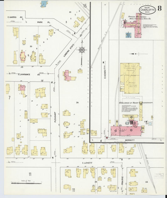 Sanborn Fire Insurance Map from Charlotte, Eaton County, Michigan (1911), Sheet #0008 - Historic Sanborn Fire Insurance Map Print, vintage old map wall art, antique decor, genealogy gift, Michigan Michigan map