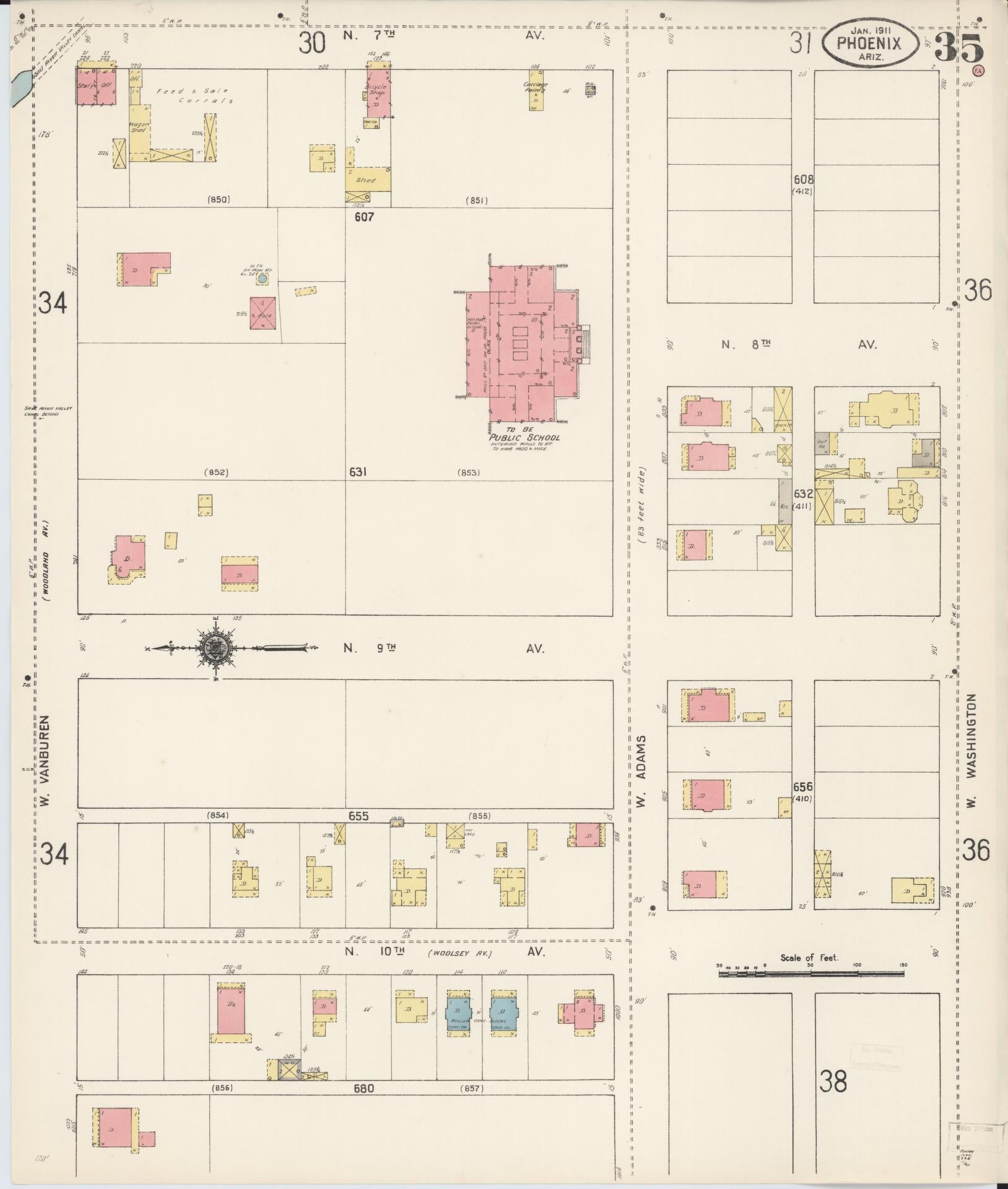 Sanborn Fire Insurance Map from Phoenix, Maricopa County, Arizona (1911), Sheet #0035 - Historic Sanborn Fire Insurance Map Print, vintage old map wall art, antique decor, genealogy gift, Arizona Arizona map