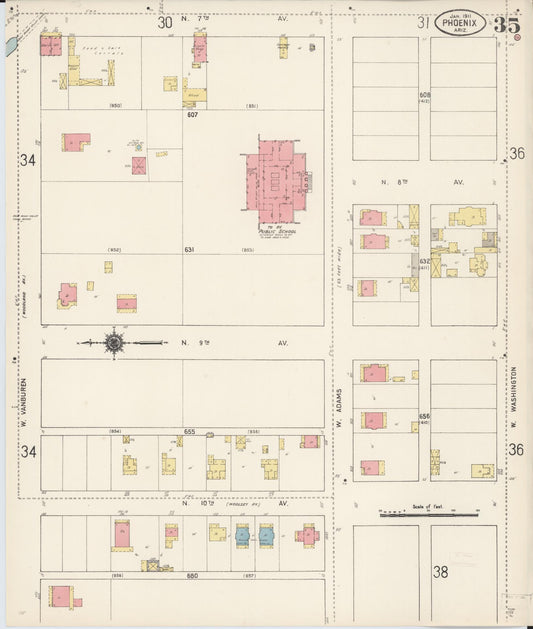 Sanborn Fire Insurance Map from Phoenix, Maricopa County, Arizona (1911), Sheet #0035 - Historic Sanborn Fire Insurance Map Print, vintage old map wall art, antique decor, genealogy gift, Arizona Arizona map