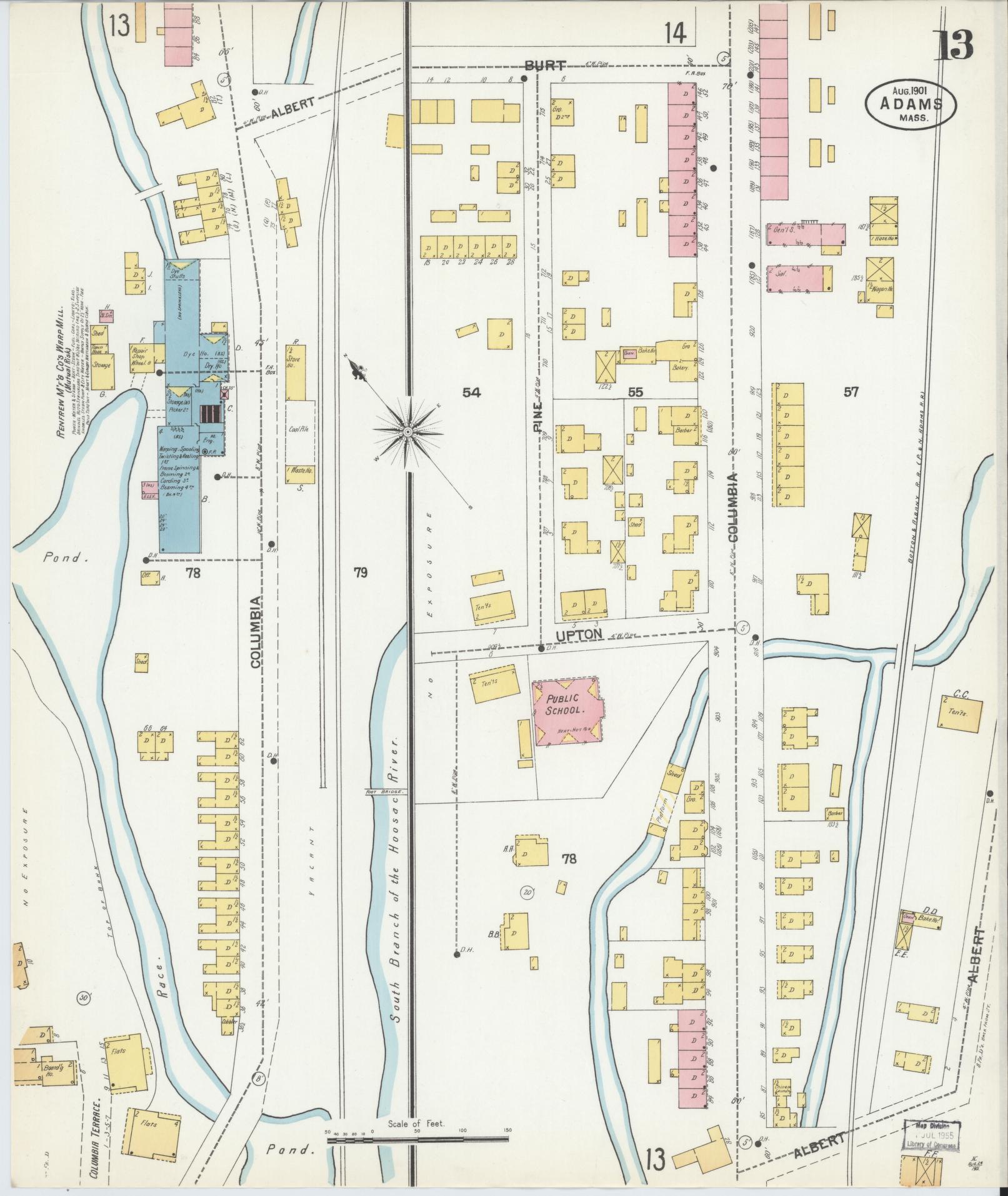 Sanborn Fire Insurance Map from Adams, Berkshire County, Massachusetts (1901), Sheet #0013 - Historic Sanborn Fire Insurance Map Print, vintage old map wall art, antique decor, genealogy gift, Massachusetts Massachusetts map