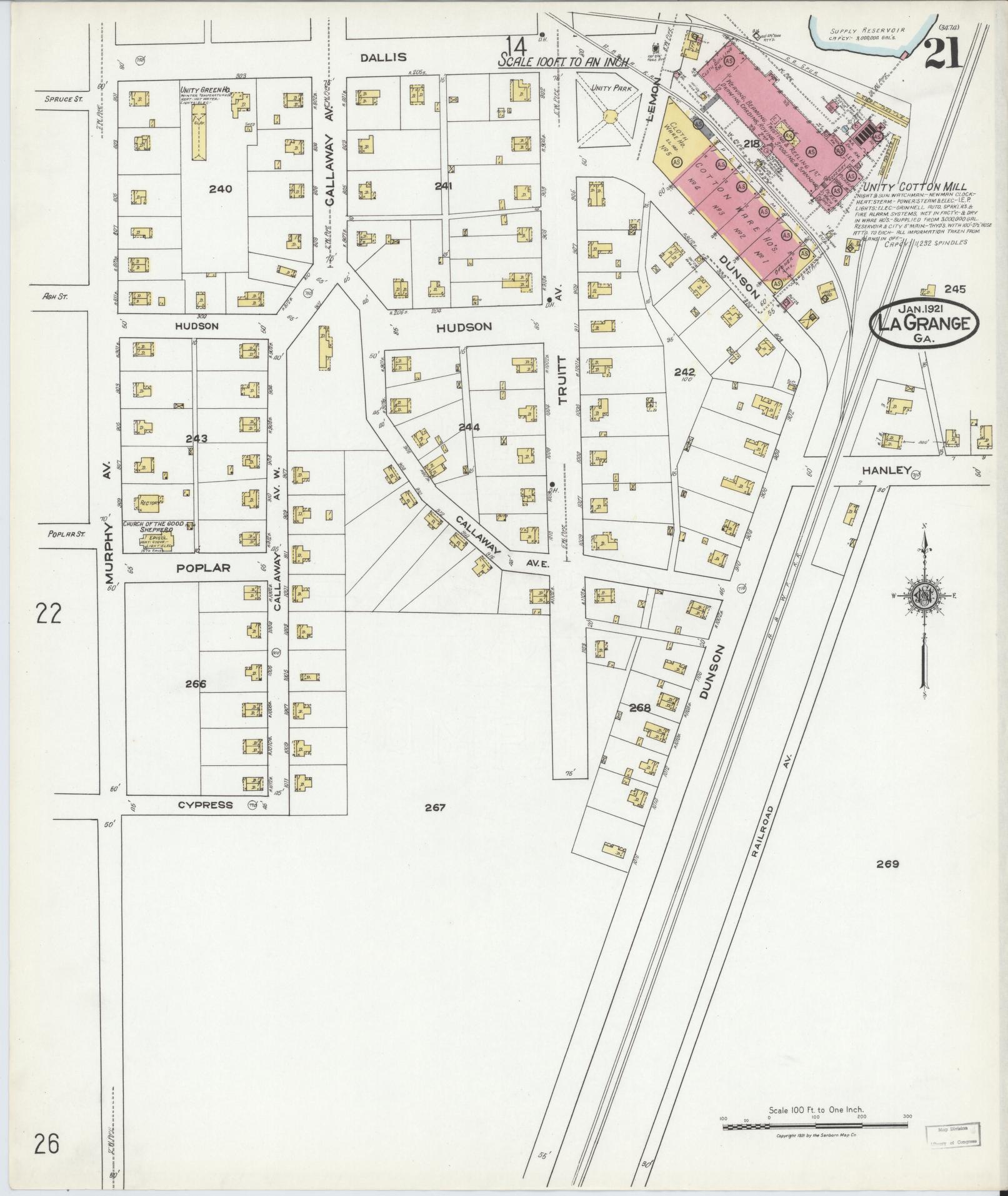 Sanborn Fire Insurance Map from La Grange, Troup County, Georgia (1921), Sheet #0021 - Complete Map Set gallery image, historic Sanborn map, vintage wall art, Georgia Georgia
