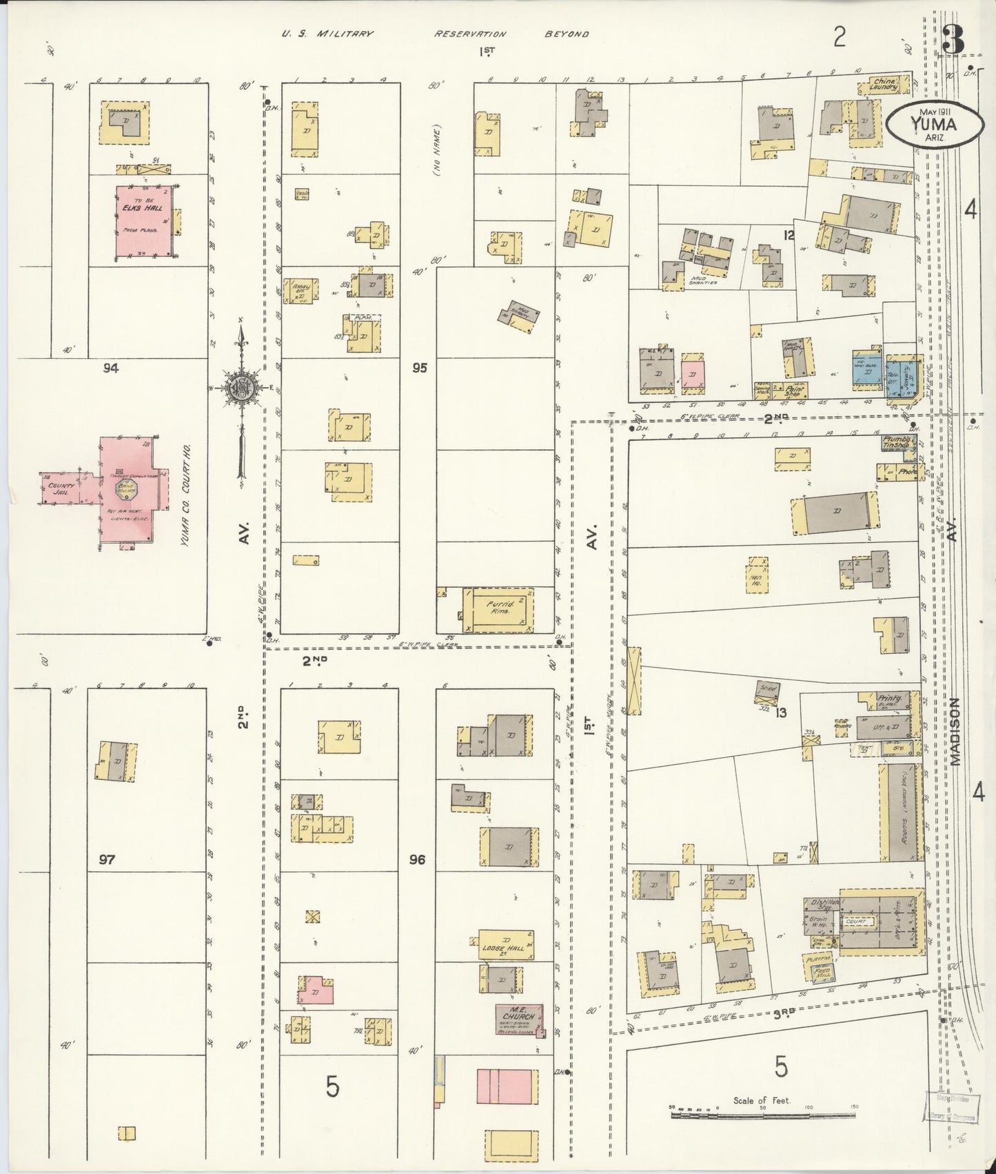 Sanborn Fire Insurance Map from Yuma, Yuma County, Arizona (1911), Sheet #0003 - Historic Sanborn Fire Insurance Map Print, vintage old map wall art, antique decor, genealogy gift, Arizona Arizona map