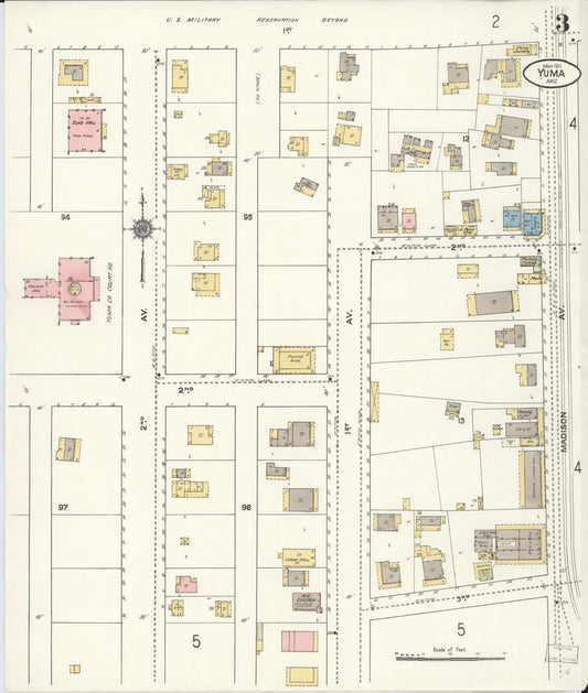 Sanborn Fire Insurance Map from Yuma, Yuma County, Arizona (1911), Sheet #0003 - Historic Sanborn Fire Insurance Map Print, vintage old map wall art, antique decor, genealogy gift, Arizona Arizona map