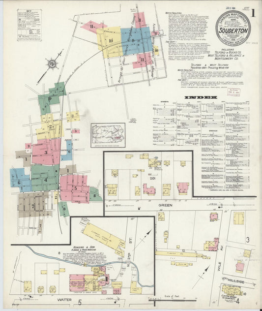 Sanborn Fire Insurance Map from Souderton, Montgomery County, Pennsylvania (1914), Sheet #0001 - Historic Sanborn Fire Insurance Map Print, vintage old map wall art, antique decor, genealogy gift, Pennsylvania Pennsylvania map