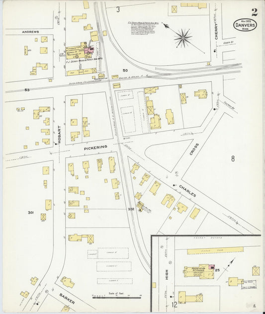 Sanborn Fire Insurance Map from Danvers, Essex County, Massachusetts (1909), Sheet #0002 - Historic Sanborn Fire Insurance Map Print, vintage old map wall art, antique decor, genealogy gift, Massachusetts Massachusetts map