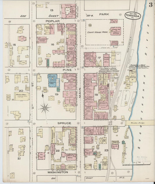 Sanborn Fire Insurance Map from Towanda, Bradford County, Pennsylvania (1885), Sheet #0003 - Historic Sanborn Fire Insurance Map Print, vintage old map wall art, antique decor, genealogy gift, Pennsylvania Pennsylvania map