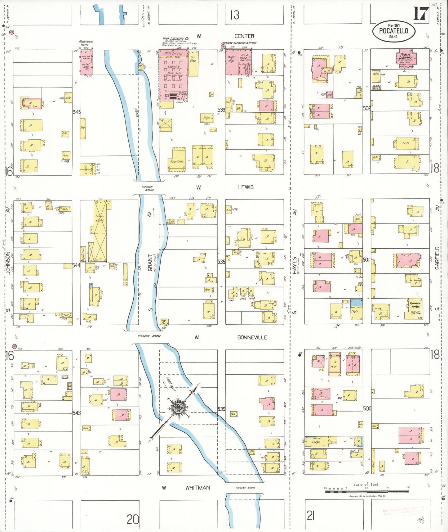 Sanborn Fire Insurance Map from Pocatello, Bannock County, Idaho (1921), Sheet #0017 - Historic Sanborn Fire Insurance Map Print, vintage old map wall art, antique decor, genealogy gift, Idaho Idaho map