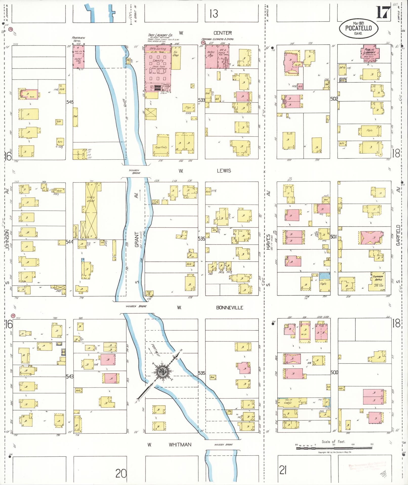 Sanborn Fire Insurance Map from Pocatello, Bannock County, Idaho (1921), Sheet #0017 - Historic Sanborn Fire Insurance Map Print, vintage old map wall art, antique decor, genealogy gift, Idaho Idaho map