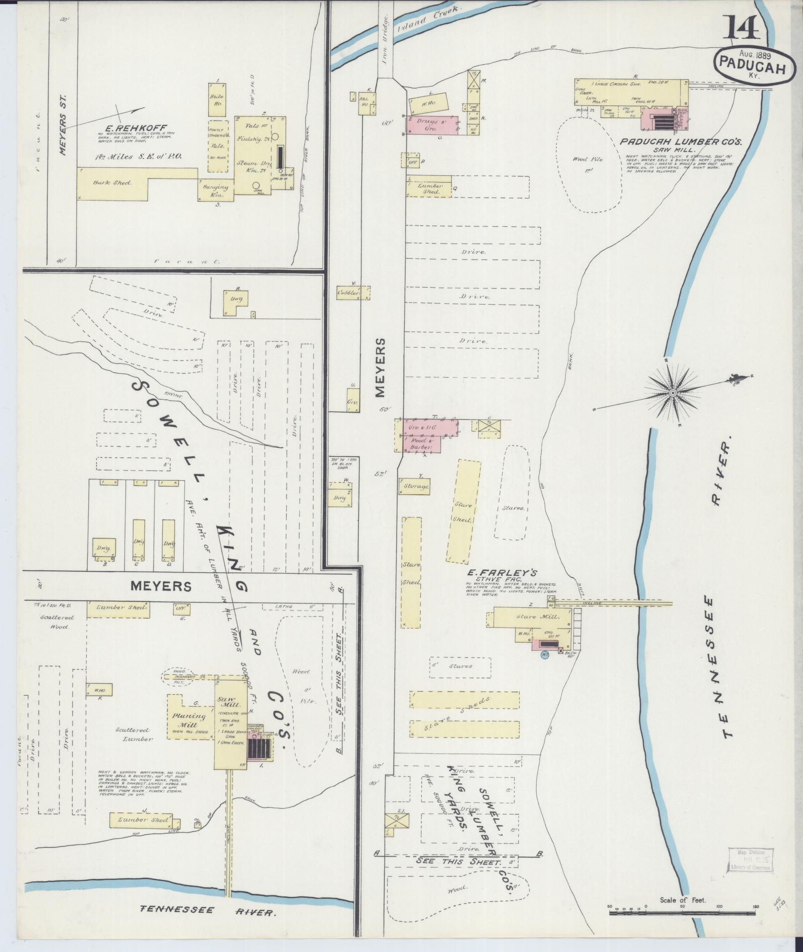 Sanborn Fire Insurance Map from Paducah, Mccraken County, Kentucky (1889), Sheet #0014 - Historic Sanborn Fire Insurance Map Print, vintage old map wall art, antique decor, genealogy gift, Kentucky Kentucky map