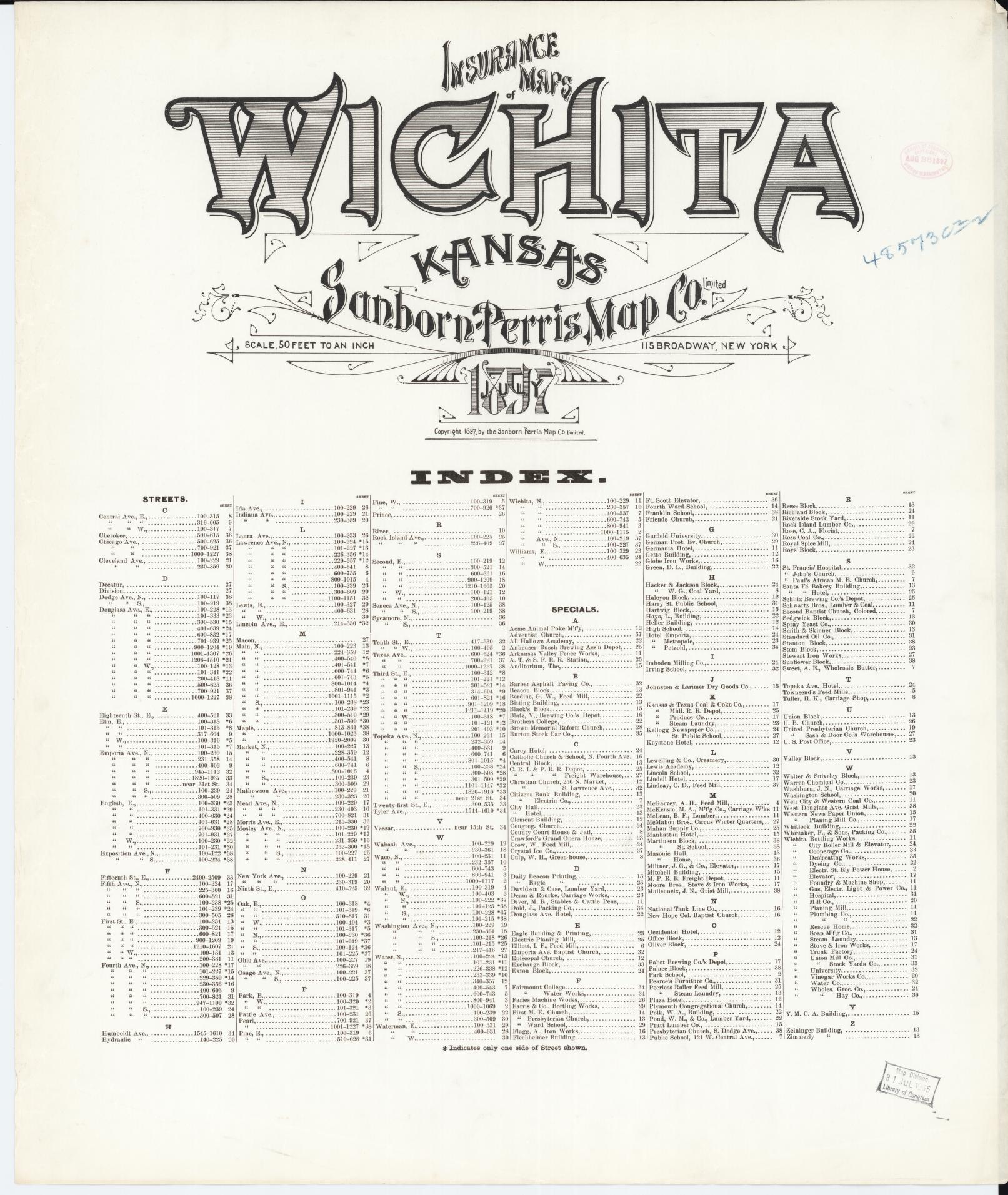 Sanborn Fire Insurance Map from Wichita, Sedgwick County, Kansas. (1897) – Historic Sanborn Fire Insurance Map Print