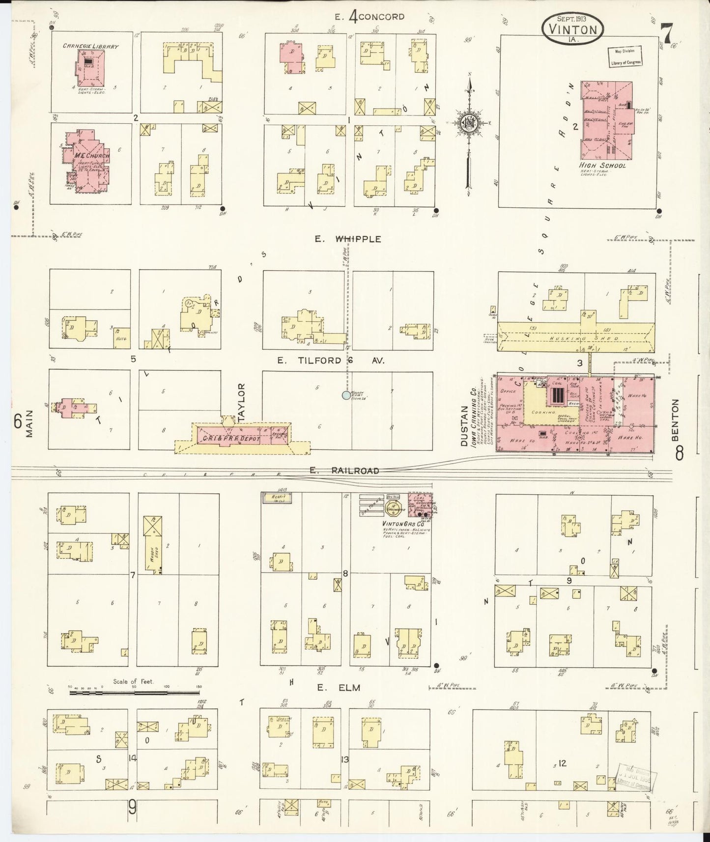 Sanborn Fire Insurance Map from Vinton, Benton County, Iowa (1913), Sheet #0007 - Historic Sanborn Fire Insurance Map Print, vintage old map wall art