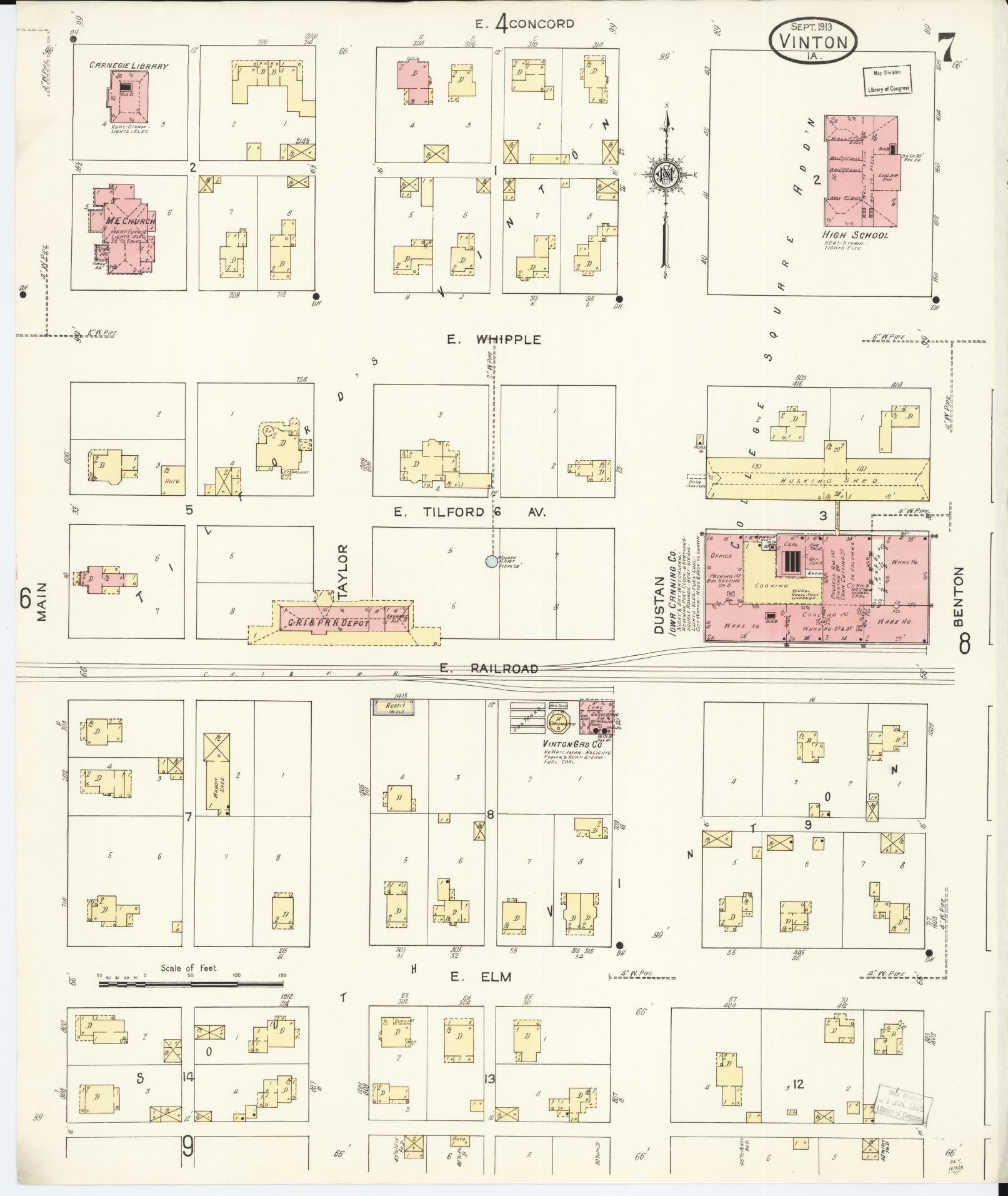 Sanborn Fire Insurance Map from Vinton, Benton County, Iowa (1913), Sheet #0007 - Historic Sanborn Fire Insurance Map Print, vintage old map wall art