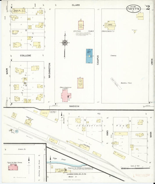 Sanborn Fire Insurance Map from Fayette, Fayette County, Iowa (1913), Sheet #0002 - Historic Sanborn Fire Insurance Map Print, vintage old map wall art