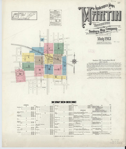 Sanborn Fire Insurance Map from Martin, Weakley County, Tennessee (1913), Sheet #0001 - Complete Map Set gallery image, historic Sanborn map, vintage wall art, Tennessee Tennessee