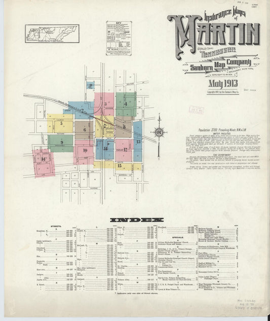 Sanborn Fire Insurance Map from Martin, Weakley County, Tennessee (1913), Sheet #0001 - Complete Map Set gallery image, historic Sanborn map, vintage wall art, Tennessee Tennessee