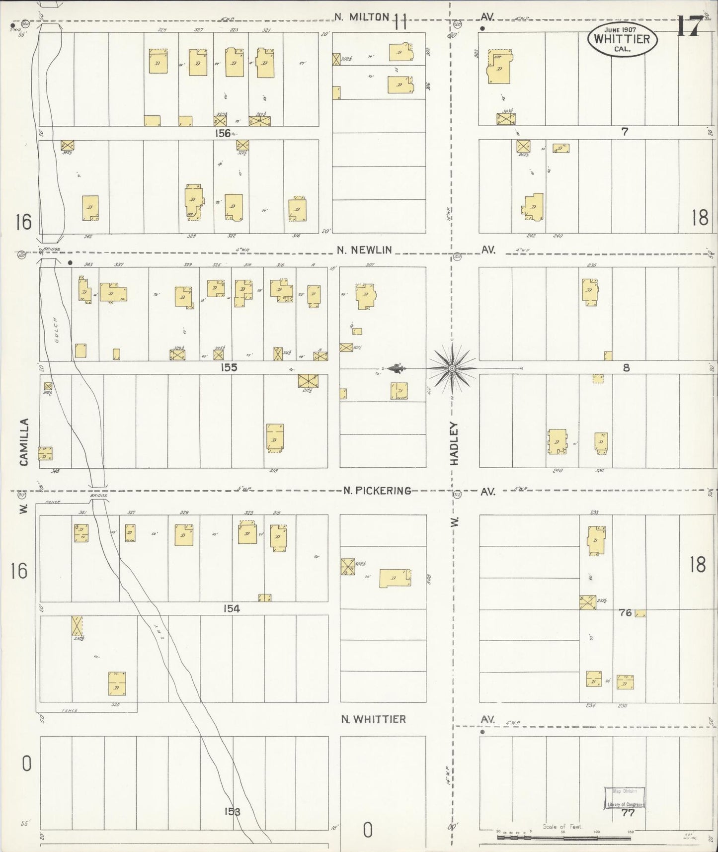 Sanborn Fire Insurance Map from Whittier, Los Angeles County, California (1907), Sheet #0017 - Complete Map Set gallery image, historic Sanborn map, vintage wall art, California California