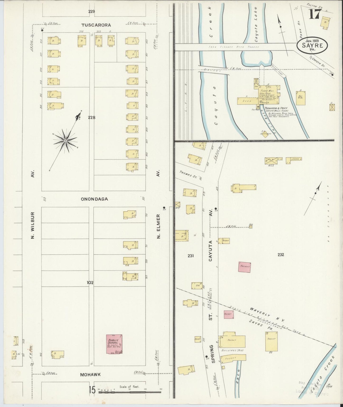 Sanborn Fire Insurance Map from Sayre, Bradford County, Pennsylvania (1909), Sheet #0017 - Historic Sanborn Fire Insurance Map Print, vintage old map wall art, antique decor, genealogy gift, Pennsylvania Pennsylvania map