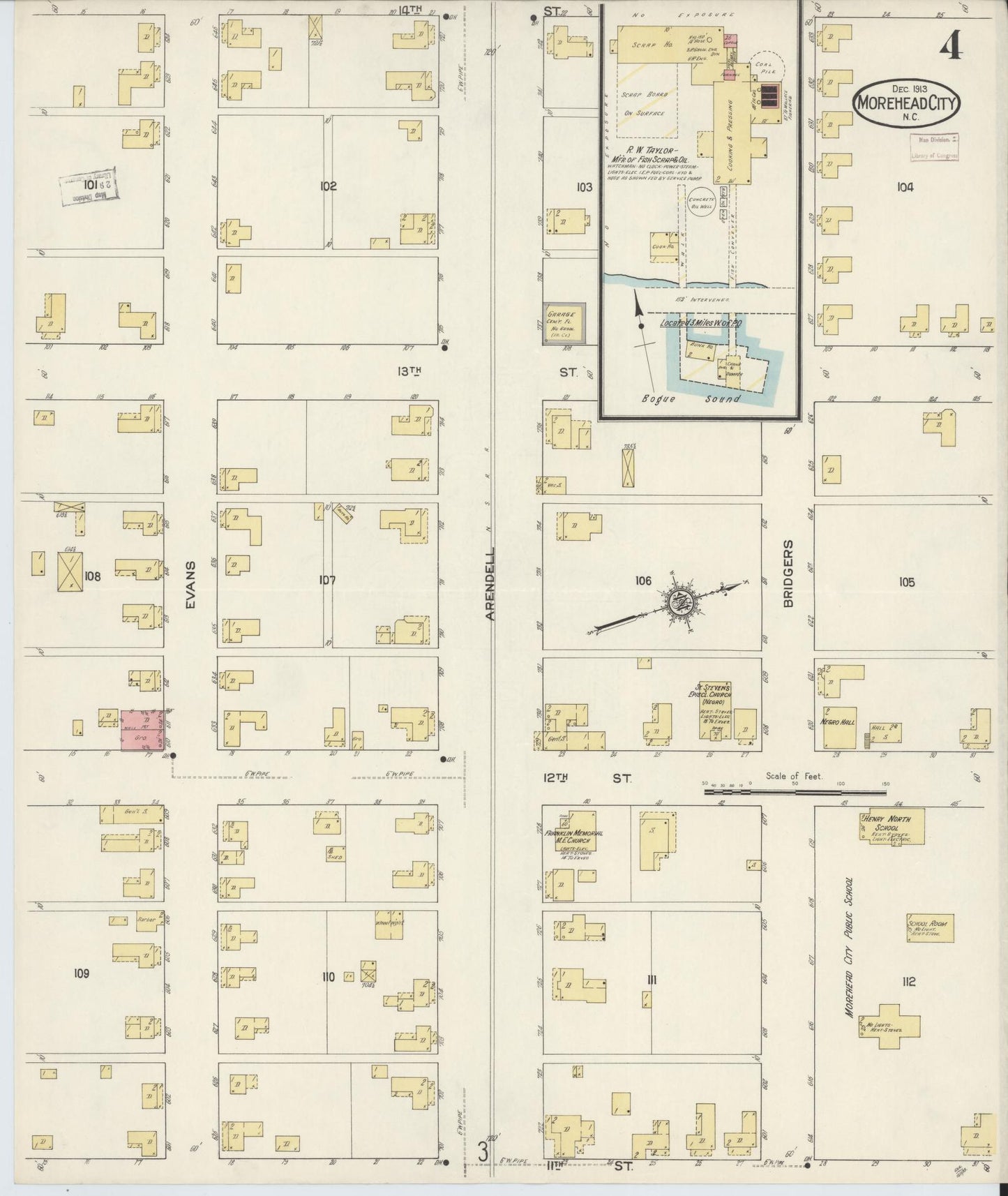 Sanborn Fire Insurance Map from Morehead City, Carteret County, North Carolina (1913), Sheet #0004 - Historic Sanborn Fire Insurance Map Print, vintage old map wall art, antique decor, genealogy gift, North Carolina North Carolina map
