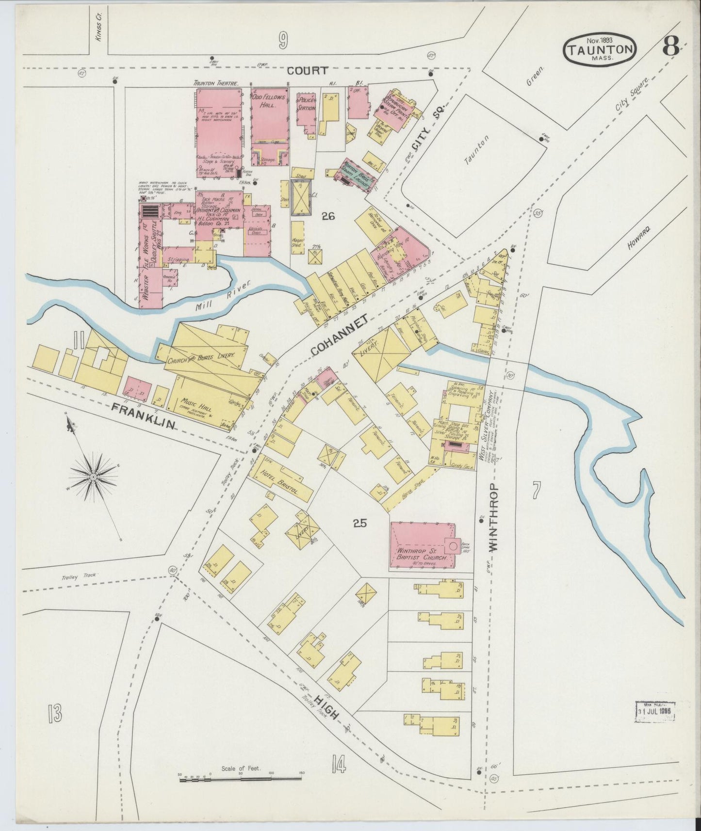 Sanborn Fire Insurance Map from Taunton, Bristol County, Massachusetts (1893), Sheet #0008 - Complete Map Set gallery image, historic Sanborn map, vintage wall art, Massachusetts Massachusetts