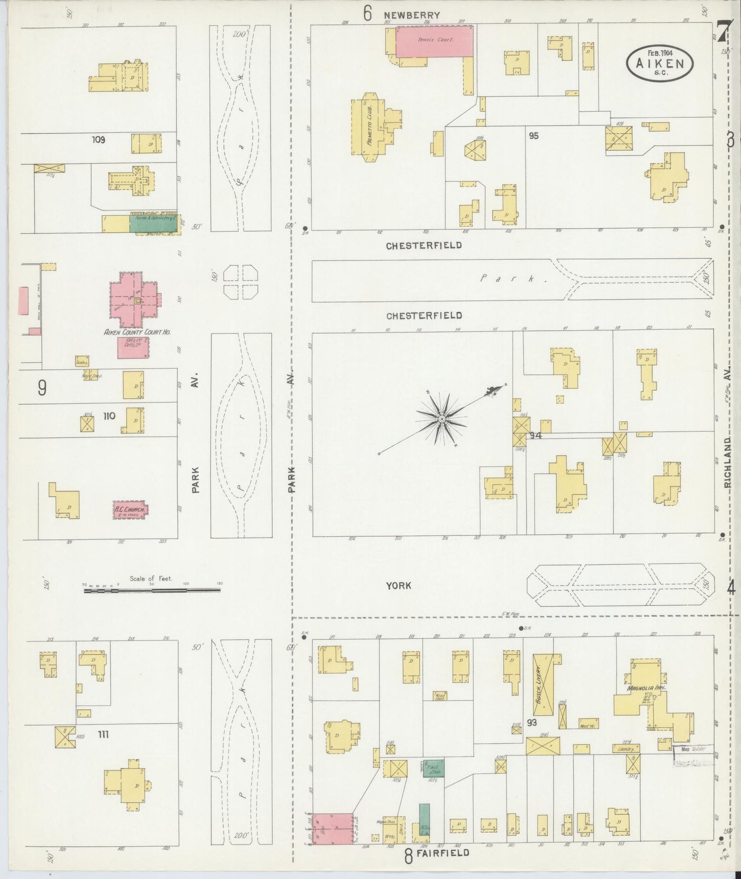 Sanborn Fire Insurance Map from Aiken, Aiken County, South Carolina (1904), Sheet #0007 - Complete Map Set gallery image, historic Sanborn map, vintage wall art, South Carolina South Carolina