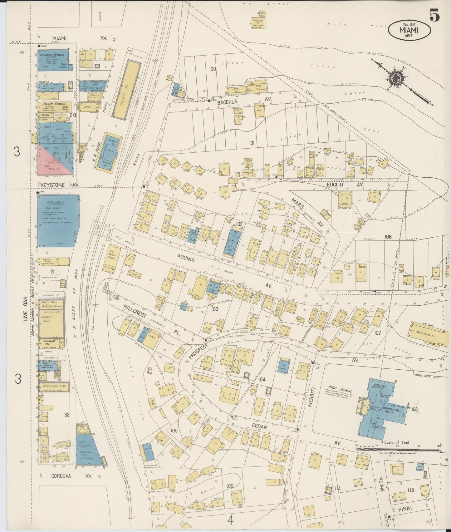 Sanborn Fire Insurance Map from Miami, Gila County, Arizona (1917), Sheet #0005 - Historic Sanborn Fire Insurance Map Print, vintage old map wall art, antique decor, genealogy gift, Arizona Arizona map