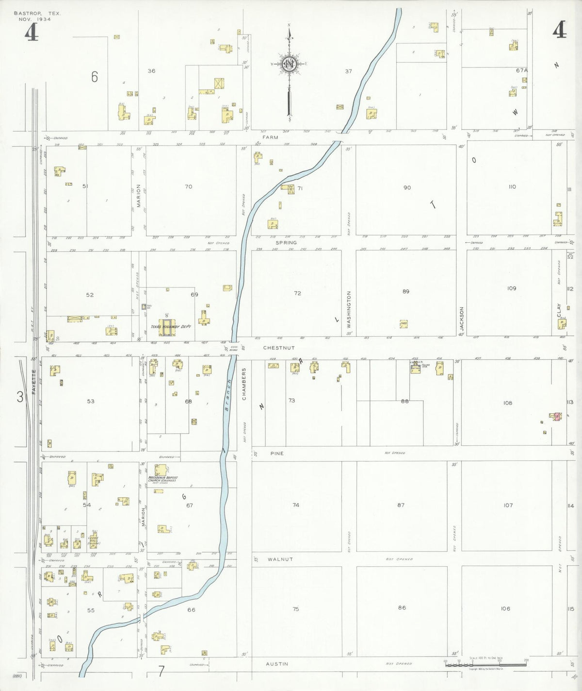 Sanborn Fire Insurance Map from Bastrop, Bastrop County, Texas (1934), Sheet #0004 - Complete Map Set gallery image, historic Sanborn map, vintage wall art, Texas Texas