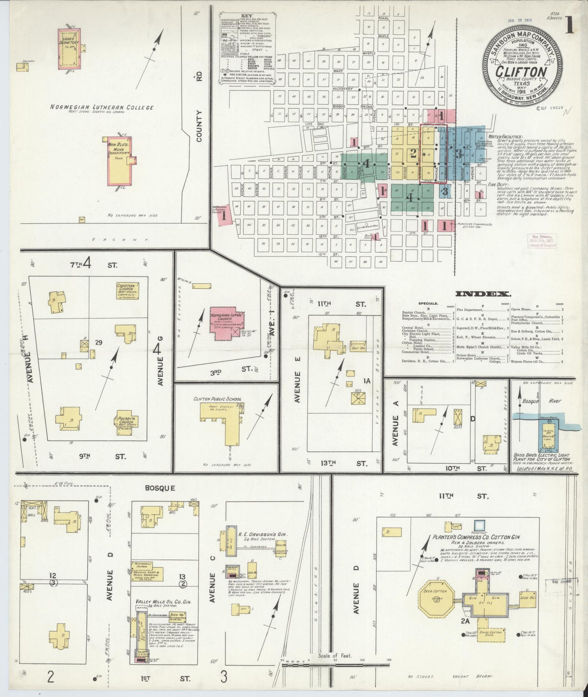 Sanborn Fire Insurance Map from Clifton, Bosque County, Texas (1911), Sheet #0001 - Complete Map Set gallery image, historic Sanborn map, vintage wall art, Texas Texas