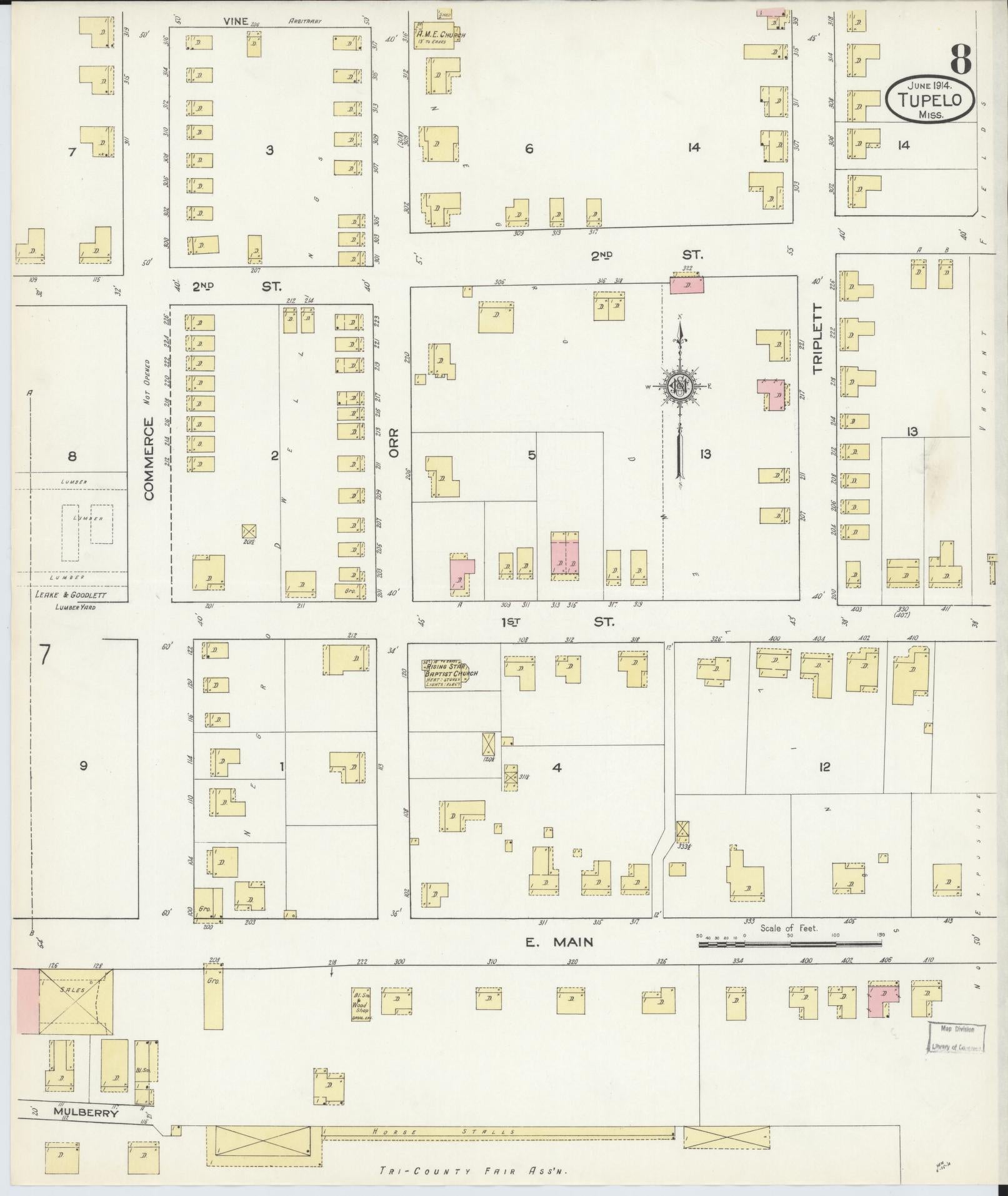 Sanborn Fire Insurance Map from Tupelo, Lee County, Mississippi (1914), Sheet #0008 - Historic Sanborn Fire Insurance Map Print, vintage old map wall art, antique decor, genealogy gift, Mississippi Mississippi map
