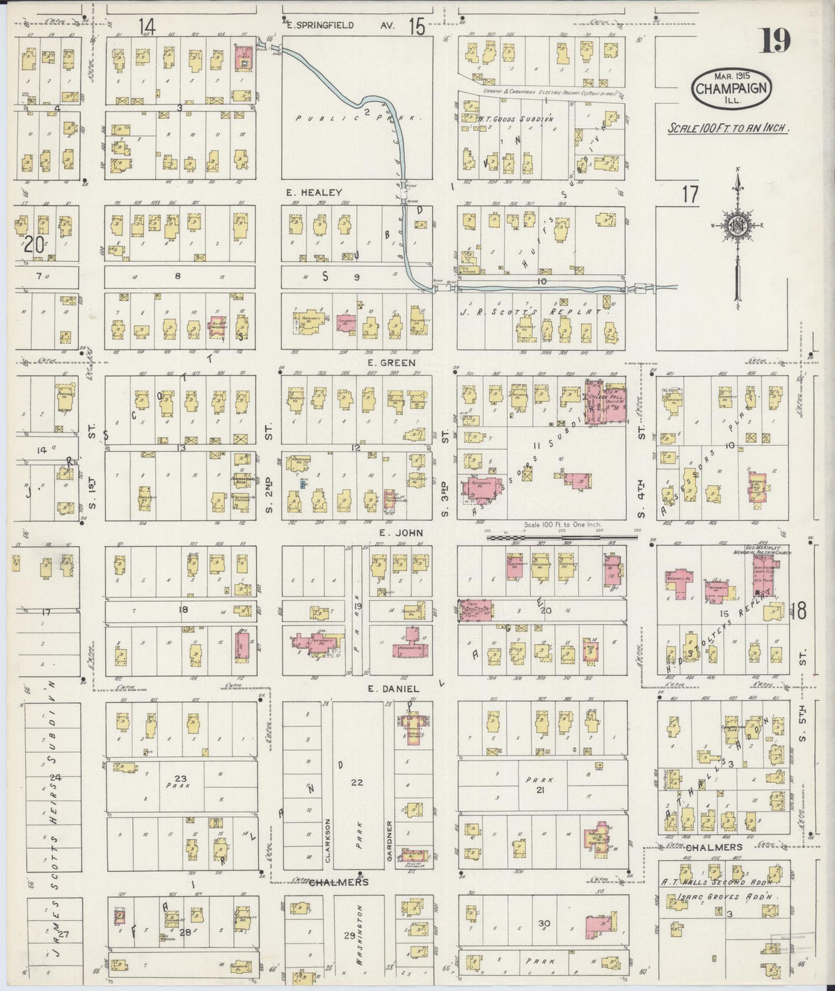 Sanborn Fire Insurance Map from Champaign, Champaign County, Illinois (1915), Sheet #0019 - Historic Sanborn Fire Insurance Map Print, vintage old map wall art, antique decor, genealogy gift, Illinois Illinois map