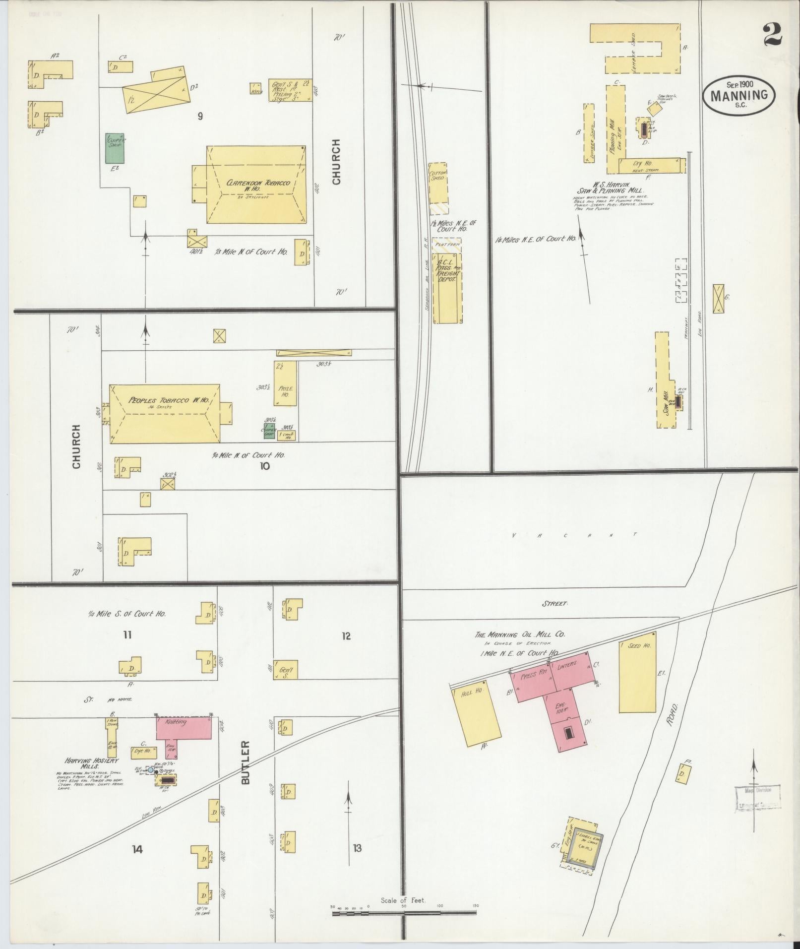Sanborn Fire Insurance Map from Manning, Clarendon County, South Carolina (1900), Sheet #0002 - Complete Map Set gallery image, historic Sanborn map, vintage wall art, South Carolina South Carolina