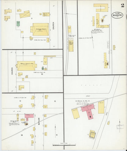 Sanborn Fire Insurance Map from Manning, Clarendon County, South Carolina (1900), Sheet #0002 - Complete Map Set gallery image, historic Sanborn map, vintage wall art, South Carolina South Carolina