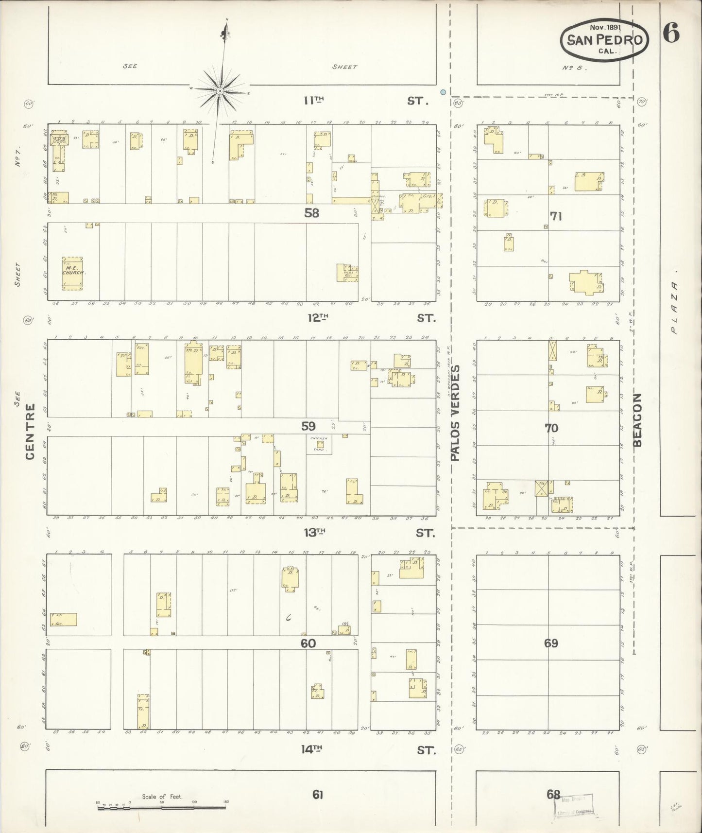Sanborn Fire Insurance Map from San Pedro, Los Angeles County, California (1891), Sheet #0006 - Complete Map Set gallery image, historic Sanborn map, vintage wall art, California California