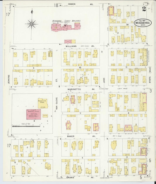 Sanborn Fire Insurance Map from Menominee, Menominee County, Michigan (1907), Sheet #0002 - Historic Sanborn Fire Insurance Map Print, vintage old map wall art, antique decor, genealogy gift, Michigan Michigan map