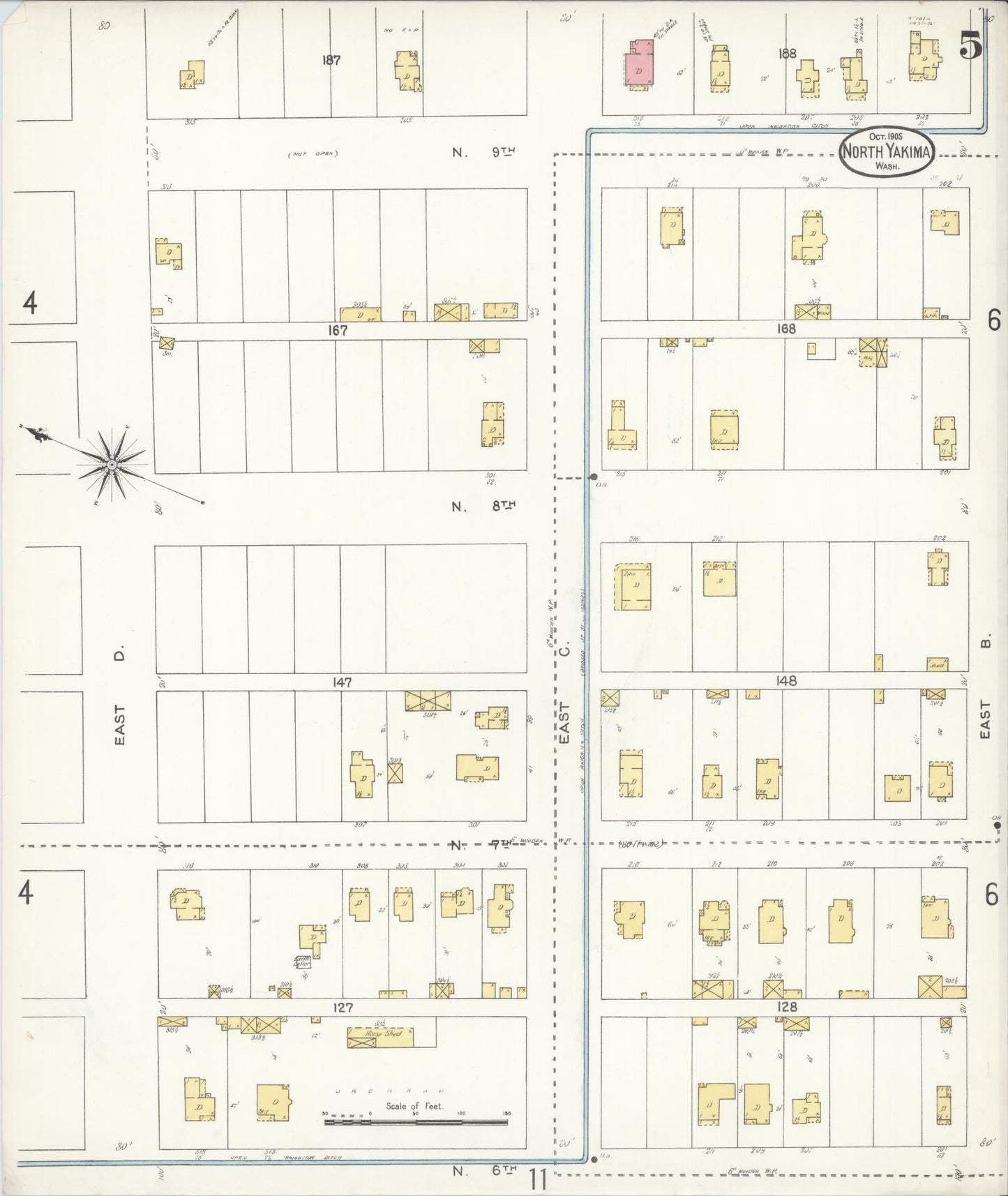 Sanborn Fire Insurance Map from North Yakima, Yakima County, Washington (1905), Sheet #0005 - Complete Map Set gallery image, historic Sanborn map, vintage wall art, Washington Washington
