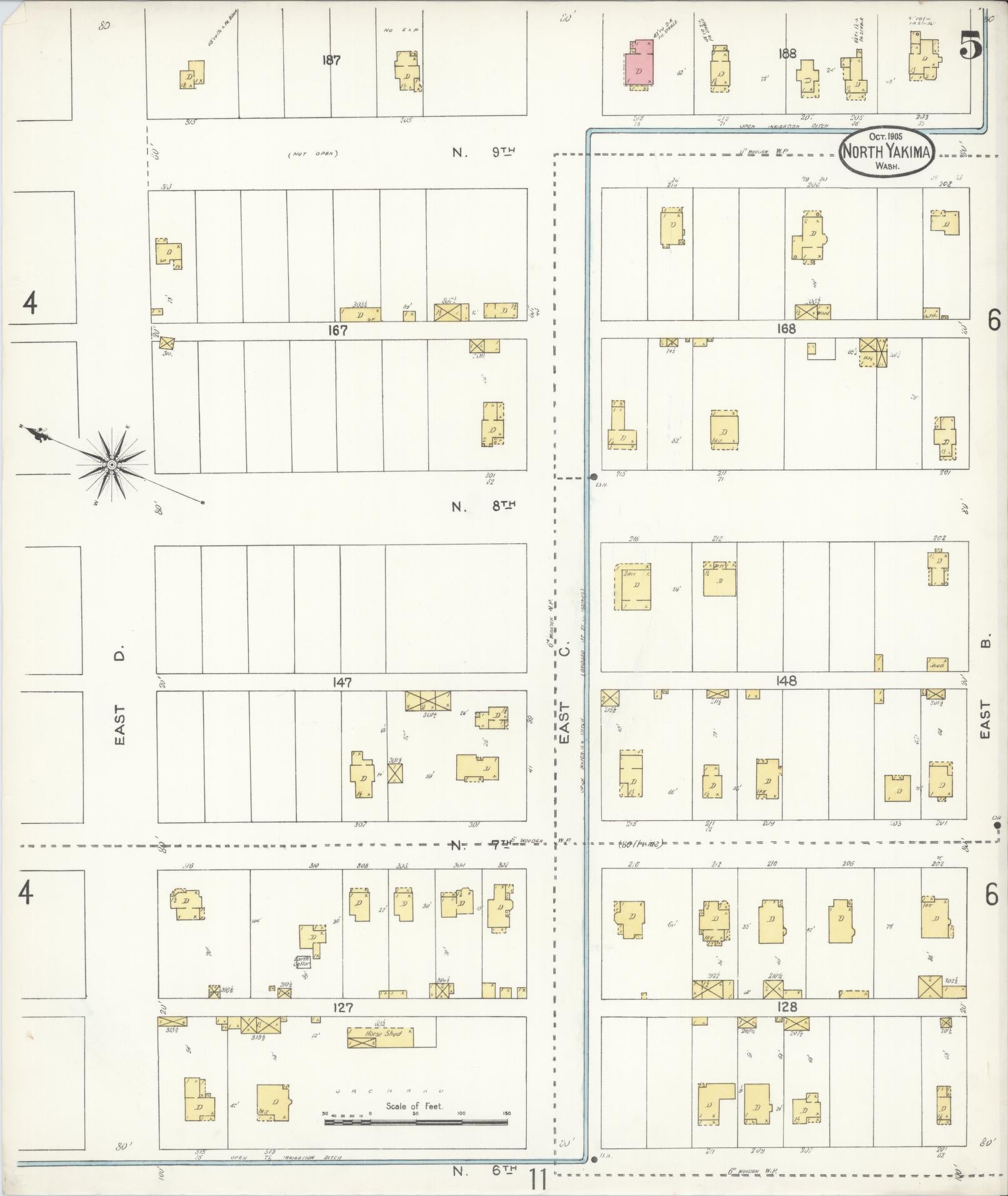 Sanborn Fire Insurance Map from North Yakima, Yakima County, Washington (1905), Sheet #0005 - Complete Map Set gallery image, historic Sanborn map, vintage wall art, Washington Washington