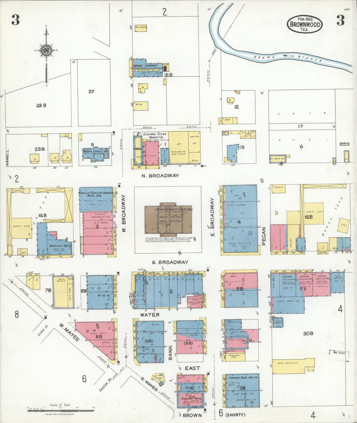 Sanborn Fire Insurance Map from Brownwood, Brown County, Texas (1923), Sheet #0003 - Historic Sanborn Fire Insurance Map Print, vintage old map wall art, antique decor, genealogy gift, Texas Texas map