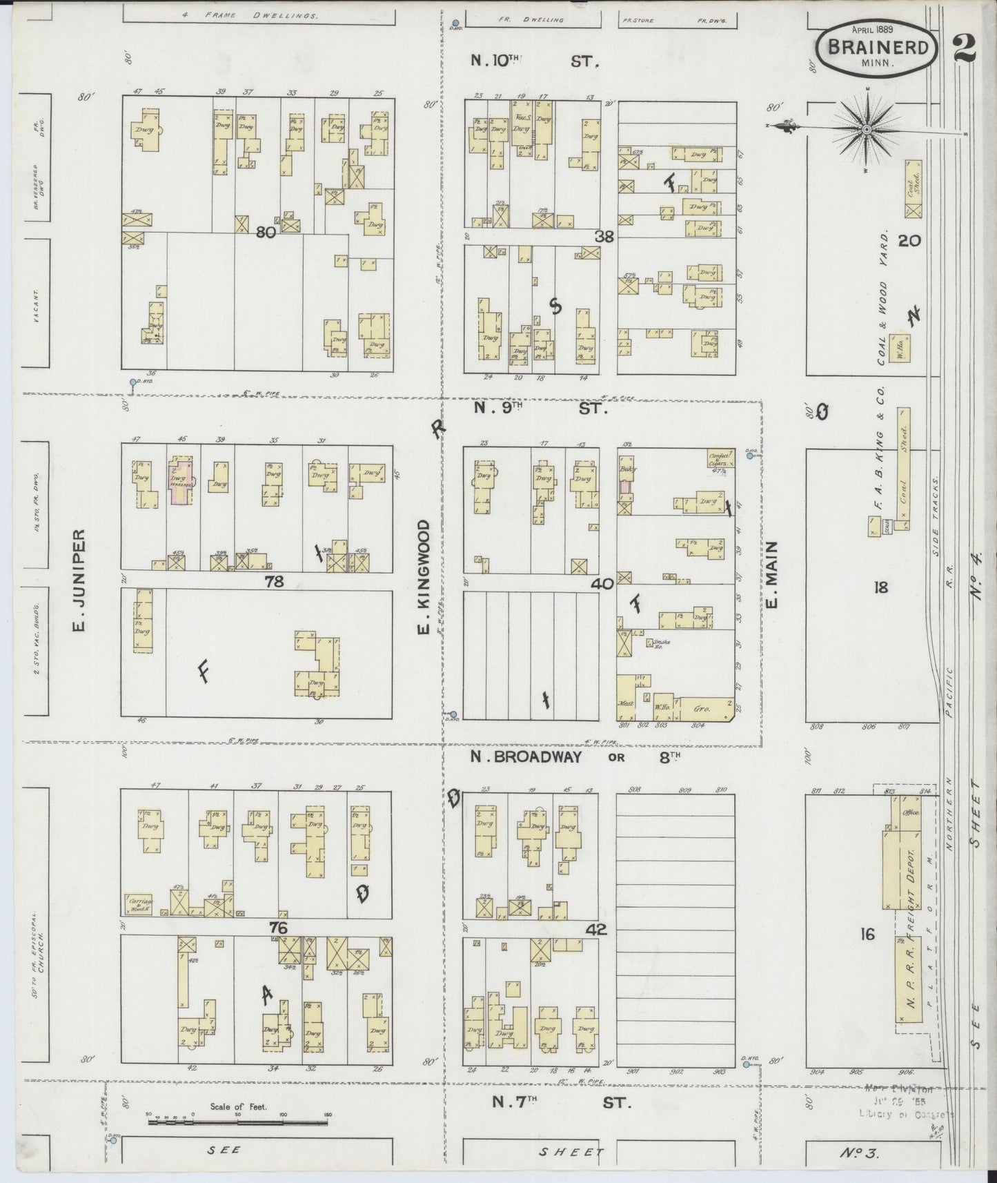 Sanborn Fire Insurance Map from Brainerd, Crow Wing County, Minnesota (1889), Sheet #0002 - Historic Sanborn Fire Insurance Map Print, vintage old map wall art, antique decor, genealogy gift, Minnesota Minnesota map